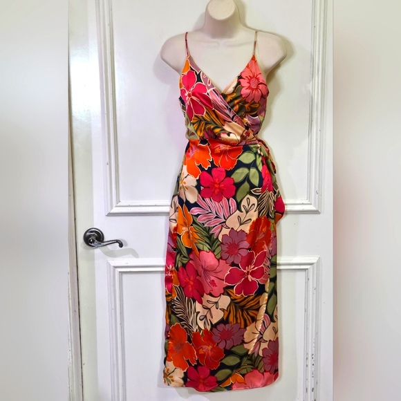 NATIVE CHIC Hot Pink/Green Multi-Color Tropical Satin Wrap Midi Dress, Large - Picture 7 of 16